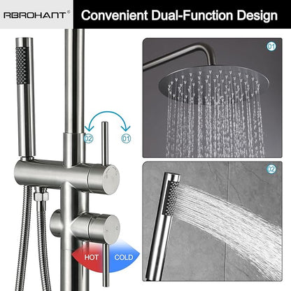 RBROHANT Freestanding Outdoor Shower Nickel, Height Adjustable Outside Showers for Backyard Garden Pool Beach, Outdoor Shower Fixtures with 10” Rain Shower Head and Handheld, Brushed Nickel, JK0317