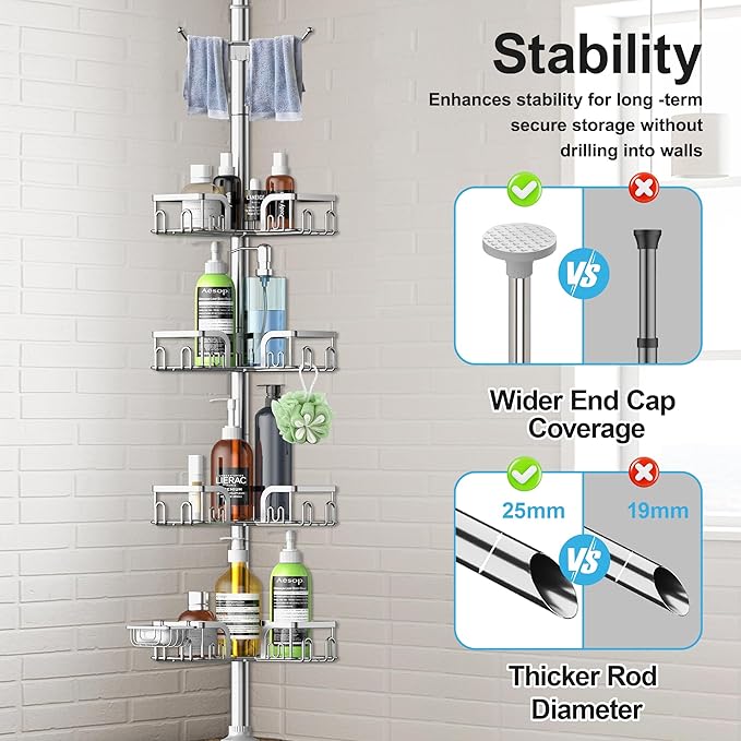 Corner Shower Caddy Tension Pole,39-113 inch Adjustable Rustproof Floor Standing Shower Organizer Shelf with 4 Basket for Bathtub,Inside Shower Shampoo Storage Silver