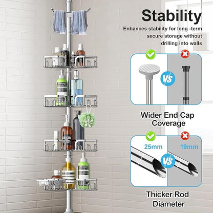 Corner Shower Caddy Tension Pole,39-113 inch Adjustable Rustproof Floor Standing Shower Organizer Shelf with 4 Basket for Bathtub,Inside Shower Shampoo Storage Silver