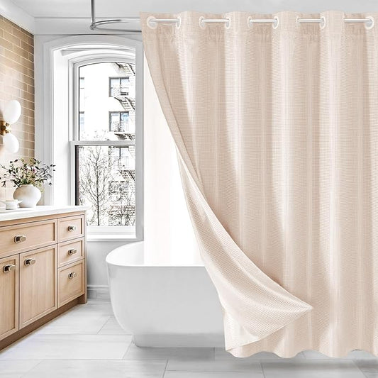 MitoVilla Pink Long Shower Curtain Liner Set 72 x 80, No Hooks Needed 80 inch Long Heavyweight Waffle Fabric Shower Curtain Set with Snap-in Liner for Hotel Grade Spa-Like Bathroom Decor, Blush Pink