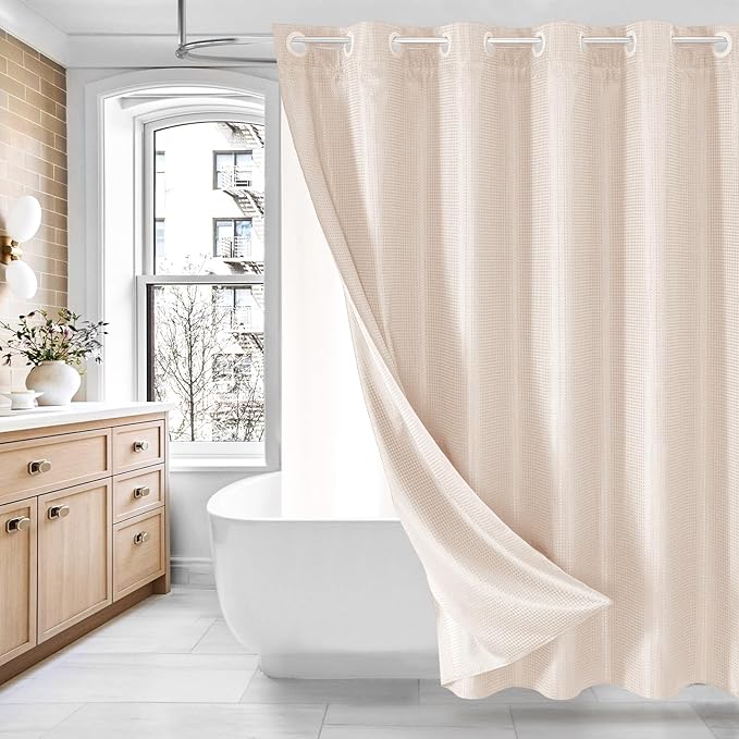 MitoVilla No Hooks Needed Extra Long Shower Curtain Liner Set, Pink 86 inch XL Heavyweight Waffle Fabric Cloth Shower Curtains Set with Snap-in Liner for Modern Luxury Hotel & Spa Bathroom Decor