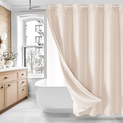 MitoVilla No Hooks Needed Pink Waffle Shower Curtain Liner Set, Modern Waffle Weave Heavy Duty Fabric Cloth Shower Curtain with Snap-in Liner for Luxury Neutral Hotel Spa Bathroom Decor, 72 x 74