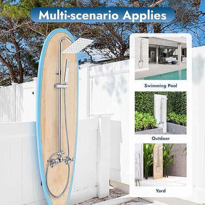Wall Mount Outdoor Shower Kit Polish Chrome 6" Square Rainfall Shower Head with Hand Held Spray Double Cross Handles with Adjustable Slide Bar Exposed 2 Function Shower Faucet Fixture