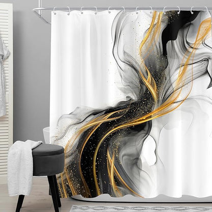 Cinbloo Black and Gold Marble 72Wx72H Shower Curtain Abstract Ink Texture Modern Ombre Grey Golden Minimalist Elegant Luxury Aesthetic Bathroom Curtain Set Neutral Bath Bathroom Accessories Decor