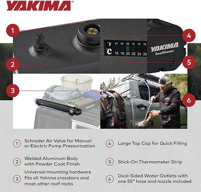 Yakima RoadShower Portable Aluminum Pressurized Water Storage with Garden Hose Adapter and 2 Outlet Water Ports