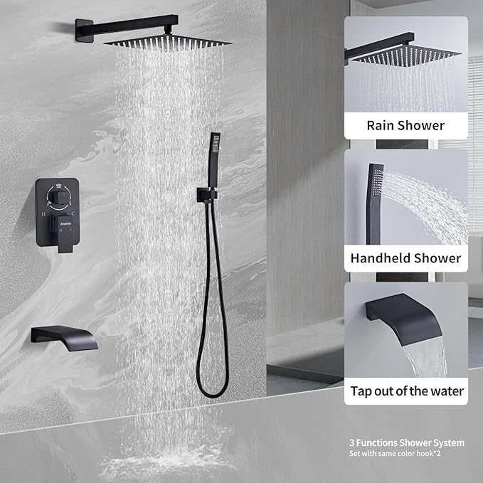 10" Matte Black Shower Faucet Set – Square Rainfall Showerhead + Handheld & Waterfall Spout, Wall-Mounted, Anti‑Clog Silicone – Modern Bathroom Hardware
