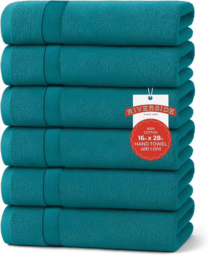 RIVERSIDE 6 Pack Premium Hand Towels Set, 16x28 inches, 100% Ring Spun Cotton, 600 GSM, Soft, Quick Dry and Highly Absorbent, Towels for Bathroom, Kitchen, Gym, Spa - Teal