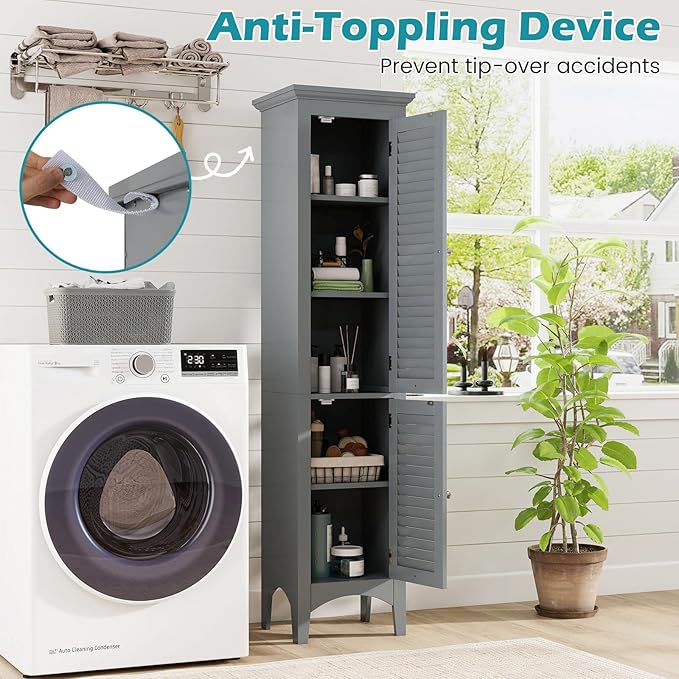 Tangkula 63" Tall Bathroom Storage Cabinet, Freestanding Narrow Linen Tower with Adjustable Shelf, Modern Slim Floor Cabinet with 2 Doors for Bathroom, Living Room, Kitchen (Grey)