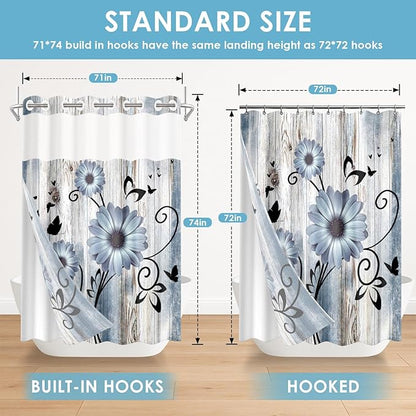 No Hook Blue Flower Shower Curtain with Snap in Fabric Liner Set, Daisy Rustic Farmhouse Double Layers Waterproof Fabric with See Through Top Window Open Grommet Bath Curtain 71x74 Inch