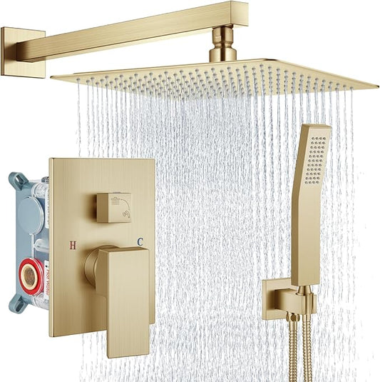 Aolemi Shower Faucet Set Rain Shower System with Handheld Spray Bathroom Shower Combo Rough-in Valve and Shower Trim Kit Included Brushed Gold 16 Inch Wall Mount Shower Head