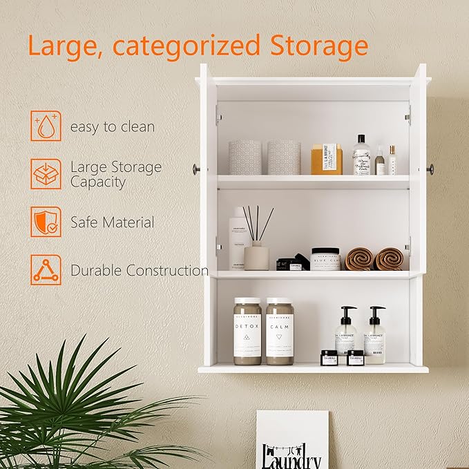 Medicine Cabinet, Over The Toilet Storage Cabinet, 24x30 Inch Wall Mount Bathroom Storage Cabinet with 2 Doors & Adjustable Shelf, Wooden Bathroom Wall Cabinet, White