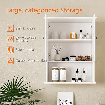 Medicine Cabinet, Over The Toilet Storage Cabinet, 24x30 Inch Wall Mount Bathroom Storage Cabinet with 2 Doors & Adjustable Shelf, Wooden Bathroom Wall Cabinet, White
