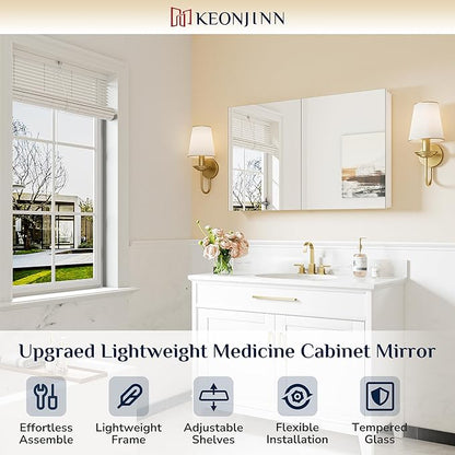 Keonjinn 40 x 26 Inch Medicine Cabinet, Assembly Required, White Bathroom Medicine Cabinets Mirror, Lightweight, Adjustable Shelves, Surface Mount or Recessed, Tempered Glass
