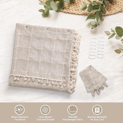 MitoVilla Tan Boho Double Swag Shower Curtain, Polyester Linen Fabric Shower Curtains for Farmhouse Bathroom Decor, Brown Cloth Shower Curtain Set with Hooks, 72 x 72