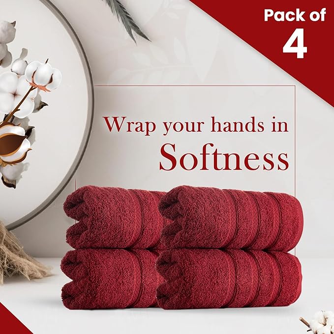 HALLEY Turkish 4 Pack Premium Hand Towels (4 Pieces) 650 GSM Highly Absorbent Super Soft 100% Cotton - 4 Hand Towels (Red)