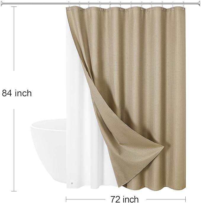 3 in 1 Extra Long Beige Shower Curtain Set-72 W x 84 H, Tan Waffle and PEVA Liner Set with 12 Stainless Steel Hooks, Waterproof Fabric for Bathroom