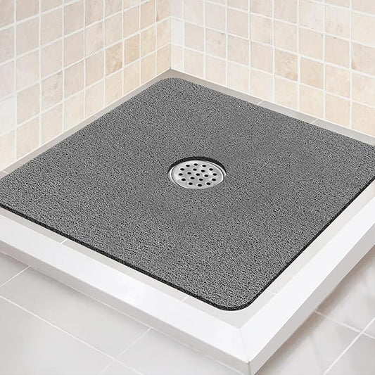 Shower Mat Non Slip,27 x 27 Inch Extra Large Bath Mat with Drain,Soft Square Loofah Shower Stall Mat Bathtub Mat for Bathroom,Without Suction Cups (Grey)
