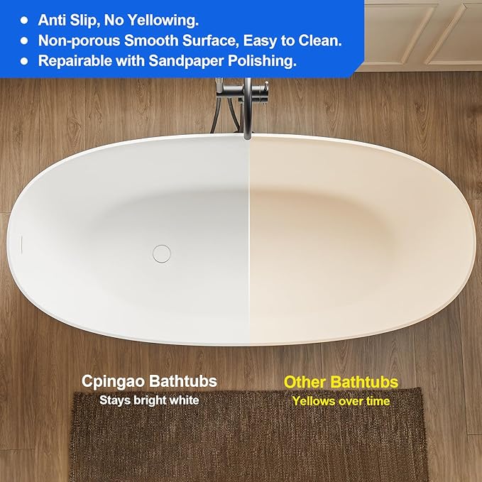 Cpingao 55" Stone Resin Freestanding Bathtub, Oval Contemporary Soaking Tubs, Solid Surface Stand Alone Tub with Drain & Integrated Slotted Overflow Matte White 8845-1400