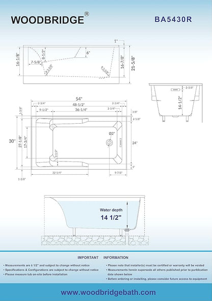 WOODBRIDGE 54" Acrylic Rectangular Alcove Soaking Bathtub in White with Right Drain, Brushed Gold Pop-Up Drain Included BA5430R