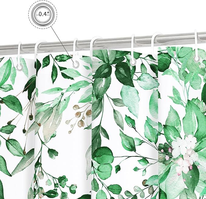 Gibelle Extra Long Shower Curtain 72 x 84, Emerald Green Floral Shower Curtain for Bathroom, Watercolor Plant Eucalyptus Leaves Fabric Shower Curtain Set