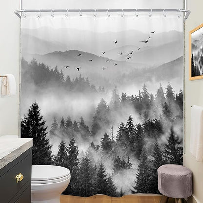 Riyidecor Black and White Shower Curtain 72Wx96H Inch Extra Long Mountain Scenery Nature Pine Tree Cool for Mens Scene View Landscape Bathroom Decor Fabric Polyester Waterproof 12 Pack Hooks