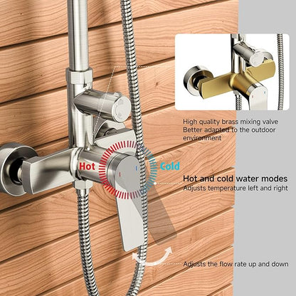 Rainsworth Outdoor Shower Kit Brushed Nickel - Single Handle Brass Valve, 8 Inch Rain Shower Head and Handheld Spray Shower Fixture Combo, 304 Stainless Steel Wall Mount