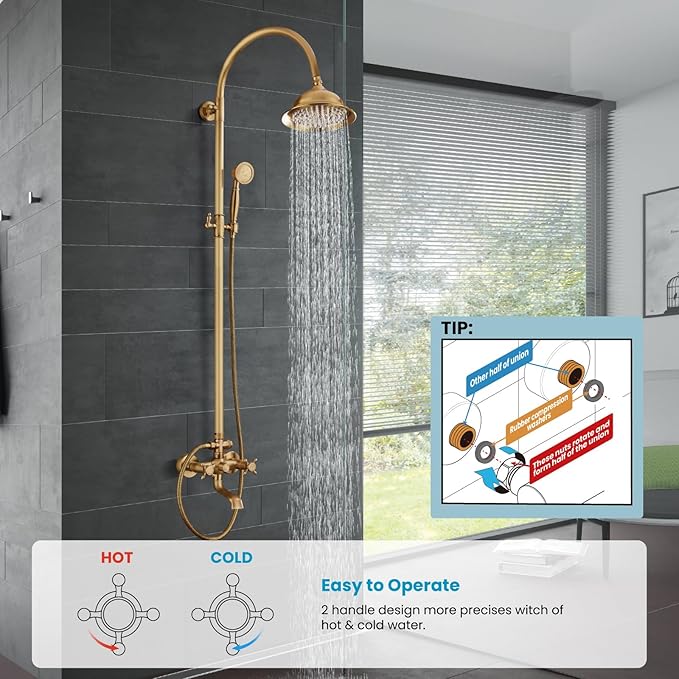 gotonovo Bathroom Classic Exposed Shower Faucet Wall Mount Shower System 8 Inch Luxurious Rainfall Shower Head Set with Tub Spout and Handheld Spray Double Cross Handles Antique Brass
