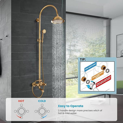 gotonovo Bathroom Classic Exposed Shower Faucet Wall Mount Shower System 8 Inch Luxurious Rainfall Shower Head Set with Tub Spout and Handheld Spray Double Cross Handles Antique Brass