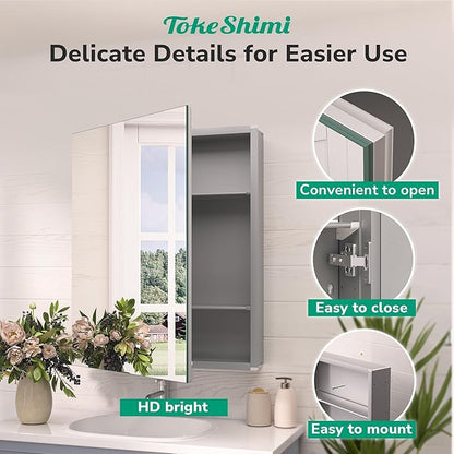 TokeShimi 30 x 26 Silver Aluminum Medicine Cabinet Mirror for Bathroom Surface Mount or Recessed with Stepless Adjustable Shelves Modern Farmhouse