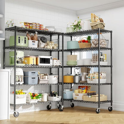 Storage Shelves Heavy Duty with Wheels,45"W x 20"D x 72"H Garage Wire Shelving Unit Loads 2000LBS,5-tier Adjustable Metal Industrial Utility Shelf Rack for Kitchen,Laundry,Pantry,Warehouse,Basement