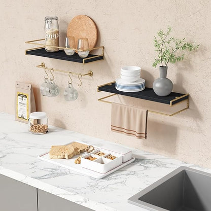 Forbena Black and Gold Bathroom Floating Shelves for Wall, Decorative Wall Mounted Shelves for Kitchen Coffee Bar Station Organizers and Storage, Hanging Shelving Unit for Bedroom Living Room (2-Pack)