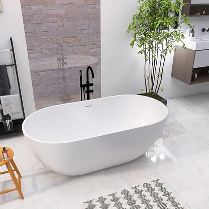 59 Inch Freestanding Bathtub Oval Shaped Solid Surface Resin Stone soaker Freestanding Tubs Matte White Soaking Tub with Overflow and Pop-up Drain (white)307-1500