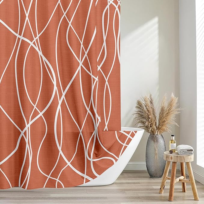 Tititex Morden 140gms Faux Linen Fabric Bath Shower Curtain Set Textured Fabric with Caramel White Curve Pattern 72x72 Inch Water Resistant Bathroom Curtains, Weighted Hem & Hooksfor Hotel/Home