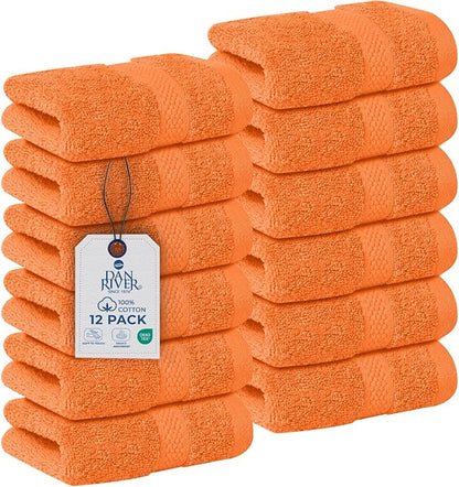 DAN RIVER 12-Pack Premium 100% Cotton Orange Face Towels – Reusable Face Towel Set, Soft & Absorbent Luxury WashCloths for Bathroom & Body – Hand and Face Towels, 550 GSM (12x12 in)