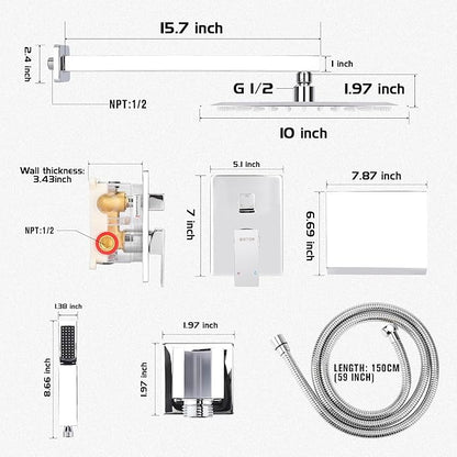 Wall Mounted Shower Faucet Set, Shower System with Tub Spout, 10 Inch Rainfall Shower Head with Handheld Spray, Waterfall Tub Spout Bathtub Faucet, Chrome