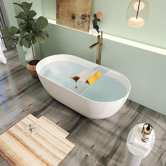 59" Premium Solid Surface Freestanding Bathtub With Acrylic Shelf, Modern Soaking Deep Stone Resin Tub with Overflow and Pop-up Drain, Matte White