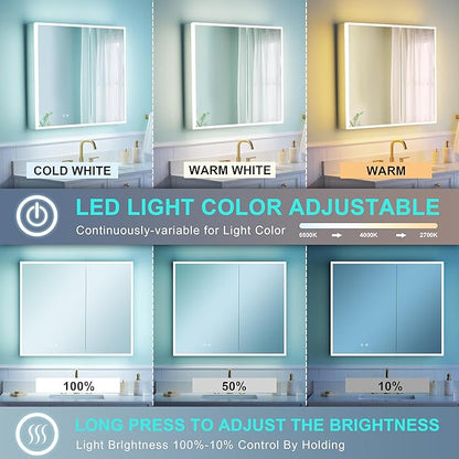 WELLFOR 36" X 30" Medicine Cabinet with Lights, 3X Magnification, Anti-Fog Mirrored Cabinet, Double Doors with Mirror, Bathroom Vanity Medicine Cabinet with Outlets & USB Ports