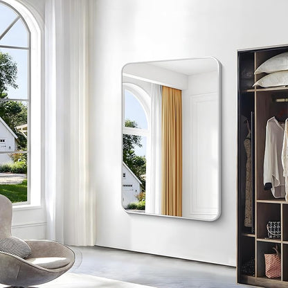 BONEWEI Silver Bathroom Mirror,55x36 inch Wall Mirror for Bathroom Wall Mounted,Rectangle Mirror for Bathroom Over Sink,Modern Frame Round Corner for Living Room,Bedroom Entryway,Horizontal/Vertical