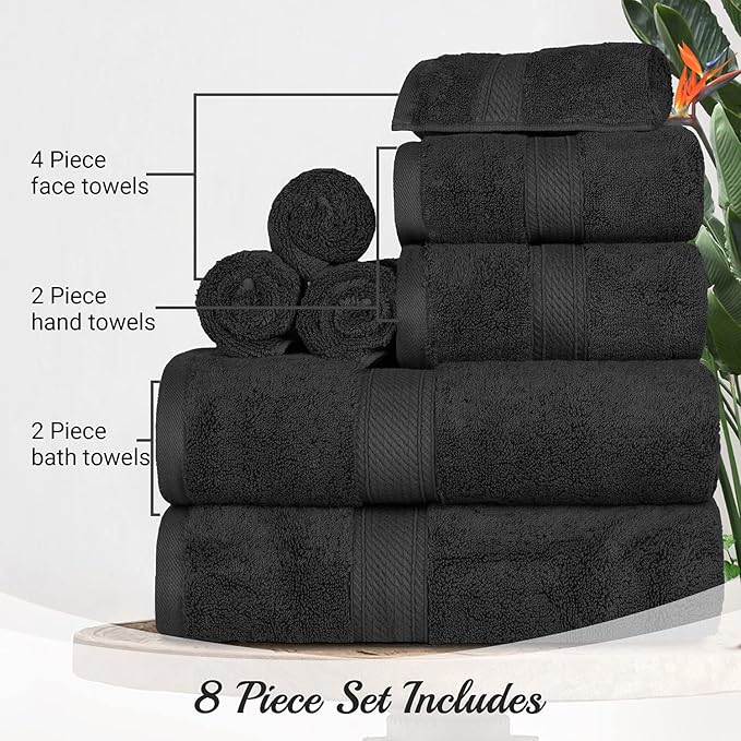 BLUENILEMILLS Madison Egyptian Cotton Towels, Towel Set for Bathroom, Shower, Hotel, Plush, 800 GSM, Highly Absorbent and Ultra-Soft Towels, Bath Essentials, 8 Piece Assorted Towel Set, Black