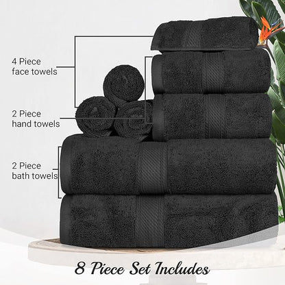 BLUENILEMILLS Madison Egyptian Cotton Towels, Towel Set for Bathroom, Shower, Hotel, Plush, 800 GSM, Highly Absorbent and Ultra-Soft Towels, Bath Essentials, 8 Piece Assorted Towel Set, Black