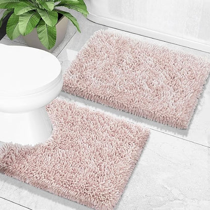 Yimobra Toilet Rugs U Shaped Washable, Extra Thick Soft Absorbent Chenille Contour Bathroom Rugs for Toilet 24x24 Inch, Quick Dry Non Slip Toilet Mat for Bath Floor, Pink