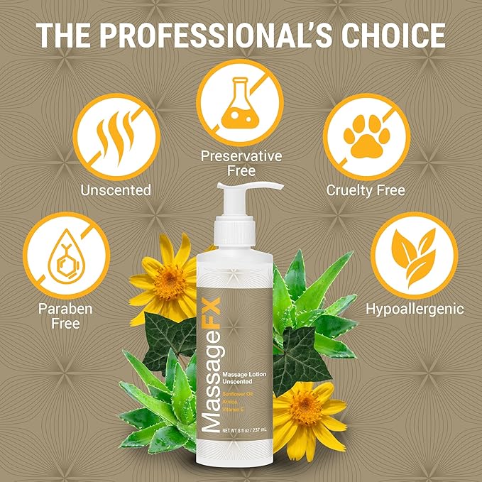 Massage FX Unscented Massage Lotion, 8 oz Pump Bottle - Soothing Formula Provides Smooth Extended Glide - Non Sticky Formula Easy Glide Smooth Touch with Natural Botanicals for Ultra Spa Experience