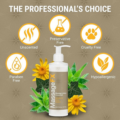 Massage FX Unscented Massage Lotion, 8 oz Pump Bottle - Soothing Formula Provides Smooth Extended Glide - Non Sticky Formula Easy Glide Smooth Touch with Natural Botanicals for Ultra Spa Experience