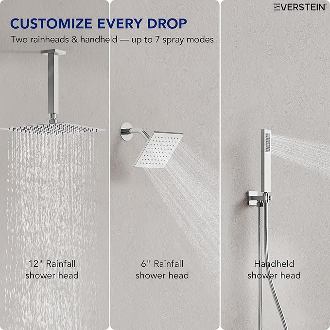 Ceiling Mount 12" High-Pressure Rainfall Shower Faucet, Dual Rainfall Shower Head System with Valve (Polished Chrome)