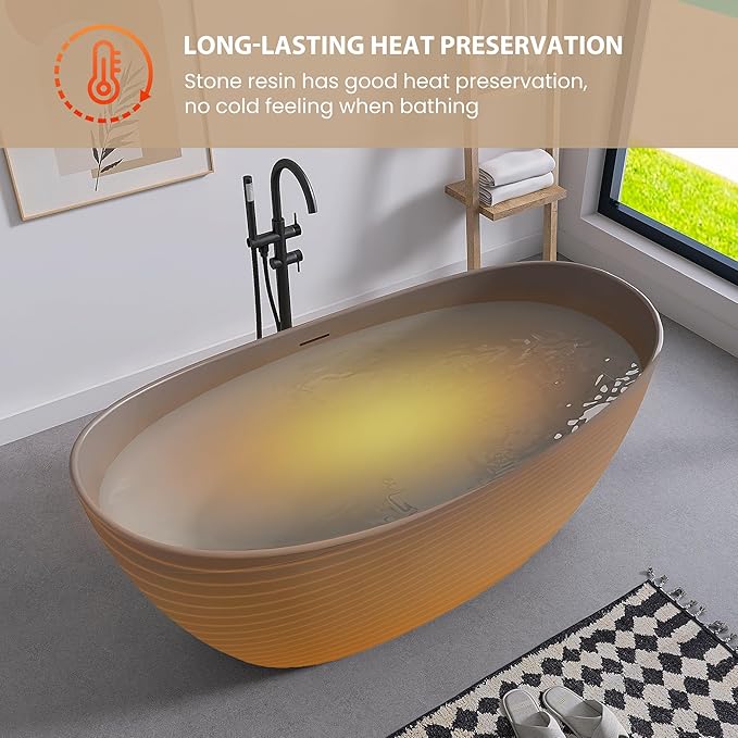 SJ STAR&JANE 65" Solid Surface Freestanding Bathtub Stone Resin Soaking Tub Gray Coffee Double Slippers Stand Alone Oval Tub with Pop-up Drain and Overflow for Bathroom