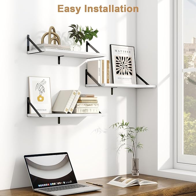 Fun Memories Floating Bookshelves, Set of 3 Wall-Mounted Wood Shelves 24" W x 8" D, Decorative Wall Shelf for Living Room, Bedroom, Bathroom, and Laundry Room (White)