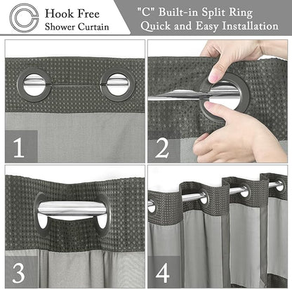 Gibelle No Hook Waffle Weave Shower Curtain with Snap-in Fabric Liner Set for Bathroom, Hotel Style with Mesh Top Window, Waterproof & Washable, Charcoal Grey, 72x74