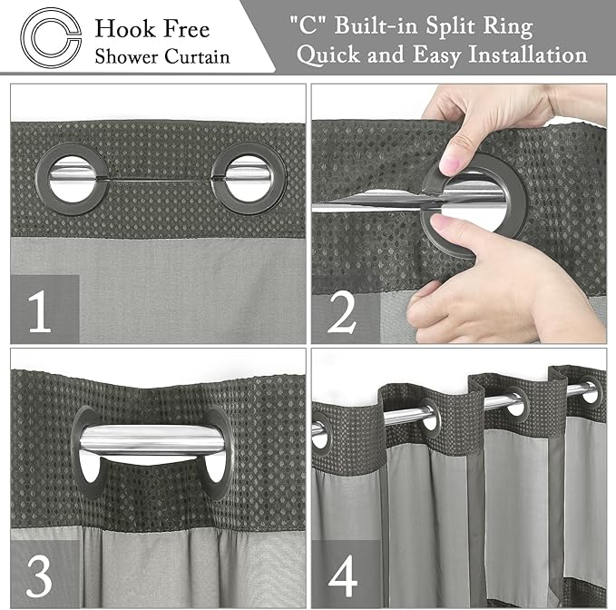 Gibelle Long Shower Curtain 72x80, Waffle Weave Bathroom Shower Curtain with Snap-in Fabric Liner Set, No Hooks Needed, Hotel Style with Mesh Top Window, Charcoal Grey