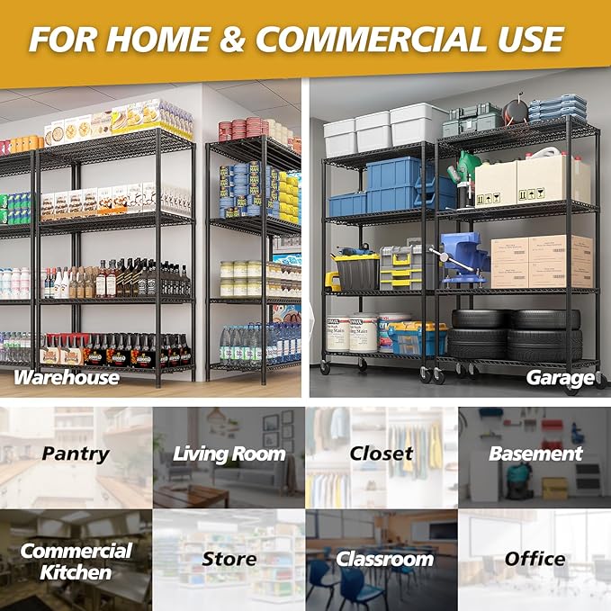 4 Tier Storage Racks Shelving, Heavy Steel Pantry Shelves, Adjustable Wire Shelving Rack with Wheels, Suitable for Garage, Kitchens, Bathroom, Offices, 55" W x 23.6" D x 75.6" H, Black