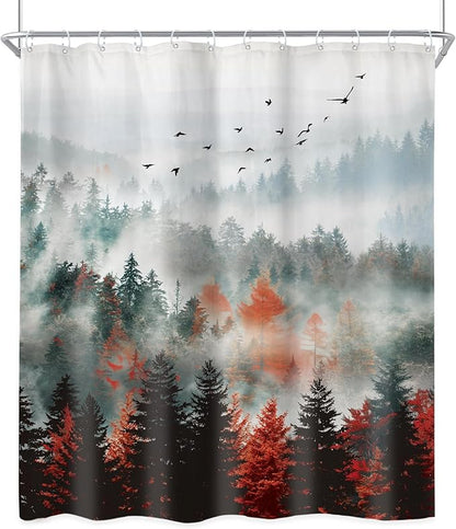 Riyidecor Red Green Mountain Shower Curtain 60Wx72H Inch Black Nature Woodland Scenery Foggy Misty Scenic Landscape Woods Rustic Dark Natural Bathroom Decor Fabric Polyester Waterproof 12 Pack Hooks